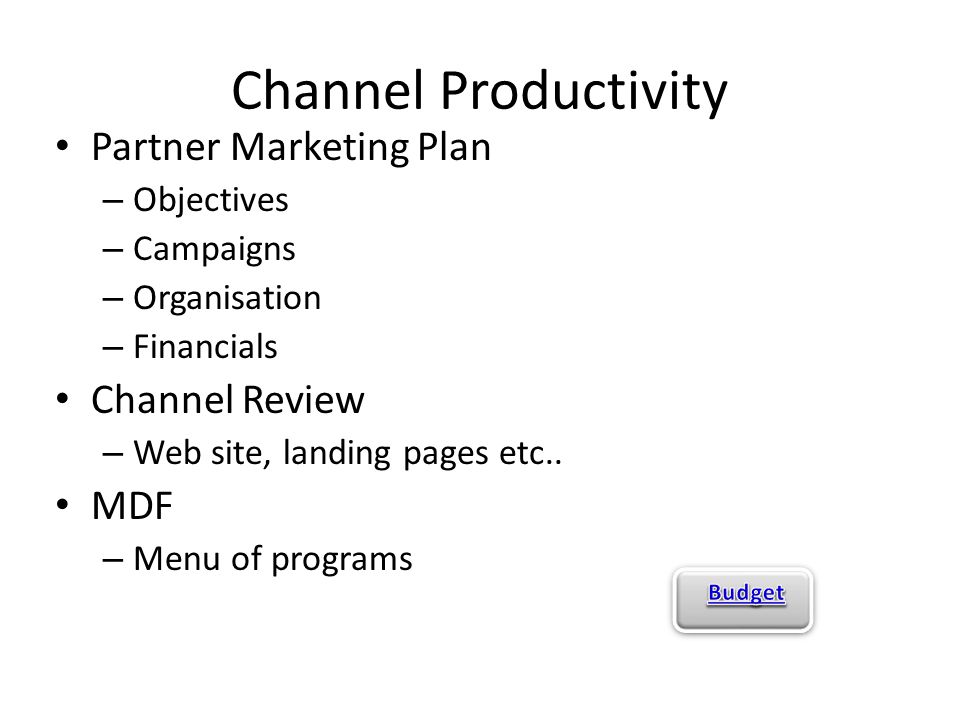Channel Productivity Partner Marketing Plan – Objectives – Campaigns – Organisation – Financials Channel Review – Web site, landing pages etc..
