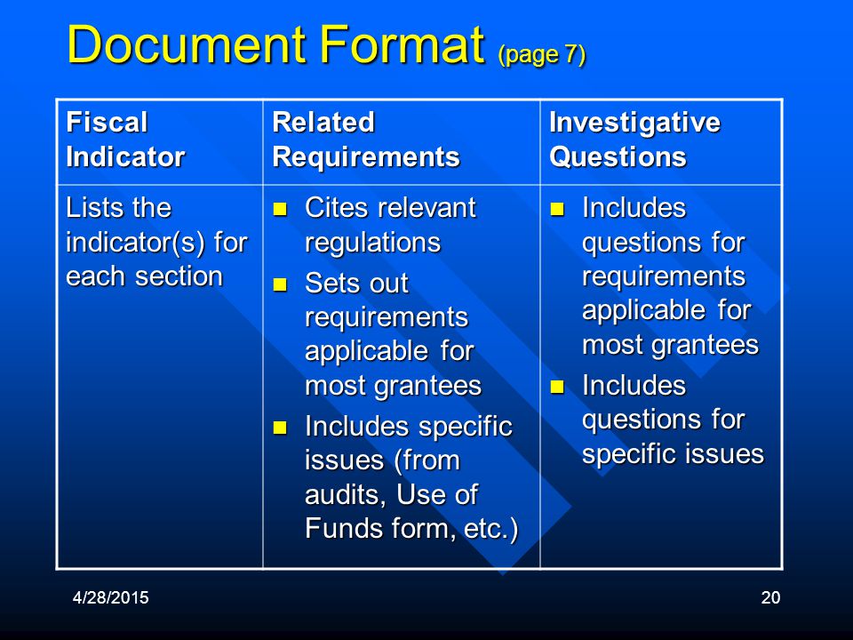 4/28/ Document Format (page 7) Fiscal Indicator Related Requirements Investigative Questions Lists the indicator(s) for each section Cites relevant regulations Cites relevant regulations Sets out requirements applicable for most grantees Sets out requirements applicable for most grantees Includes specific issues (from audits, Use of Funds form, etc.) Includes specific issues (from audits, Use of Funds form, etc.) Includes questions for requirements applicable for most grantees Includes questions for requirements applicable for most grantees Includes questions for specific issues Includes questions for specific issues