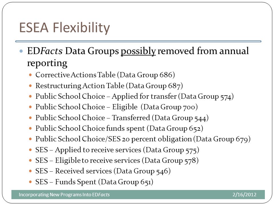 ESEA Flexibility EDFacts Data Groups possibly removed from annual reporting Corrective Actions Table (Data Group 686) Restructuring Action Table (Data Group 687) Public School Choice – Applied for transfer (Data Group 574) Public School Choice – Eligible (Data Group 700) Public School Choice – Transferred (Data Group 544) Public School Choice funds spent (Data Group 652) Public School Choice/SES 20 percent obligation (Data Group 679) SES – Applied to receive services (Data Group 575) SES – Eligible to receive services (Data Group 578) SES – Received services (Data Group 546) SES – Funds Spent (Data Group 651) 2/16/2012Incorporating New Programs Into EDFacts
