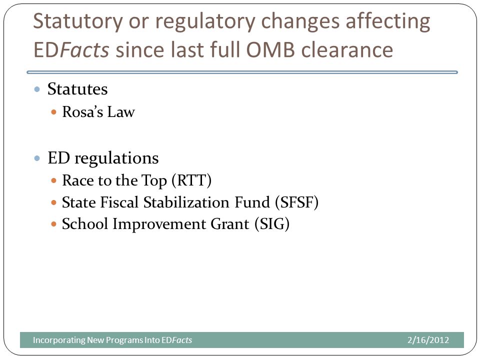 Statutory or regulatory changes affecting EDFacts since last full OMB clearance Statutes Rosa’s Law ED regulations Race to the Top (RTT) State Fiscal Stabilization Fund (SFSF) School Improvement Grant (SIG) 2/16/2012Incorporating New Programs Into EDFacts