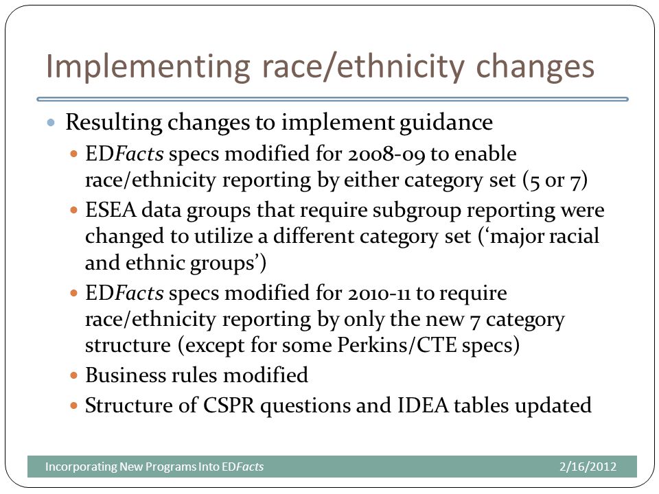 Implementing race/ethnicity changes Resulting changes to implement guidance EDFacts specs modified for to enable race/ethnicity reporting by either category set (5 or 7) ESEA data groups that require subgroup reporting were changed to utilize a different category set (‘major racial and ethnic groups’) EDFacts specs modified for to require race/ethnicity reporting by only the new 7 category structure (except for some Perkins/CTE specs) Business rules modified Structure of CSPR questions and IDEA tables updated 2/16/2012Incorporating New Programs Into EDFacts