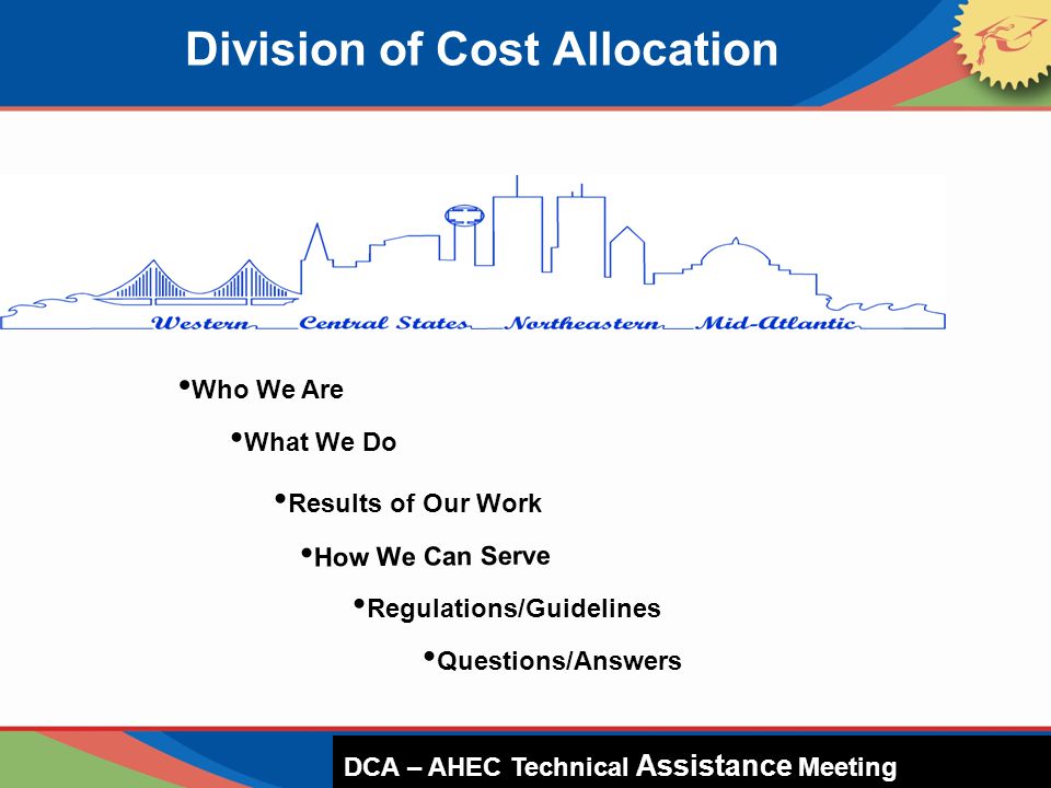 Who We Are What We Do Results of Our Work How We Can Serve Division of Cost Allocation Regulations/Guidelines DCA – HUD Presentation DCA – AHEC Technical Assistance Meeting Questions/Answers