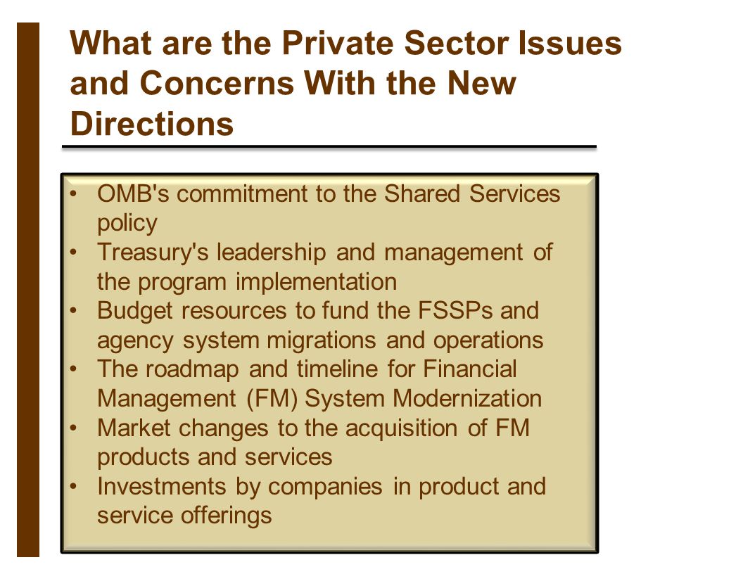What are the Private Sector Issues and Concerns With the New Directions OMB s commitment to the Shared Services policy Treasury s leadership and management of the program implementation Budget resources to fund the FSSPs and agency system migrations and operations The roadmap and timeline for Financial Management (FM) System Modernization Market changes to the acquisition of FM products and services Investments by companies in product and service offerings
