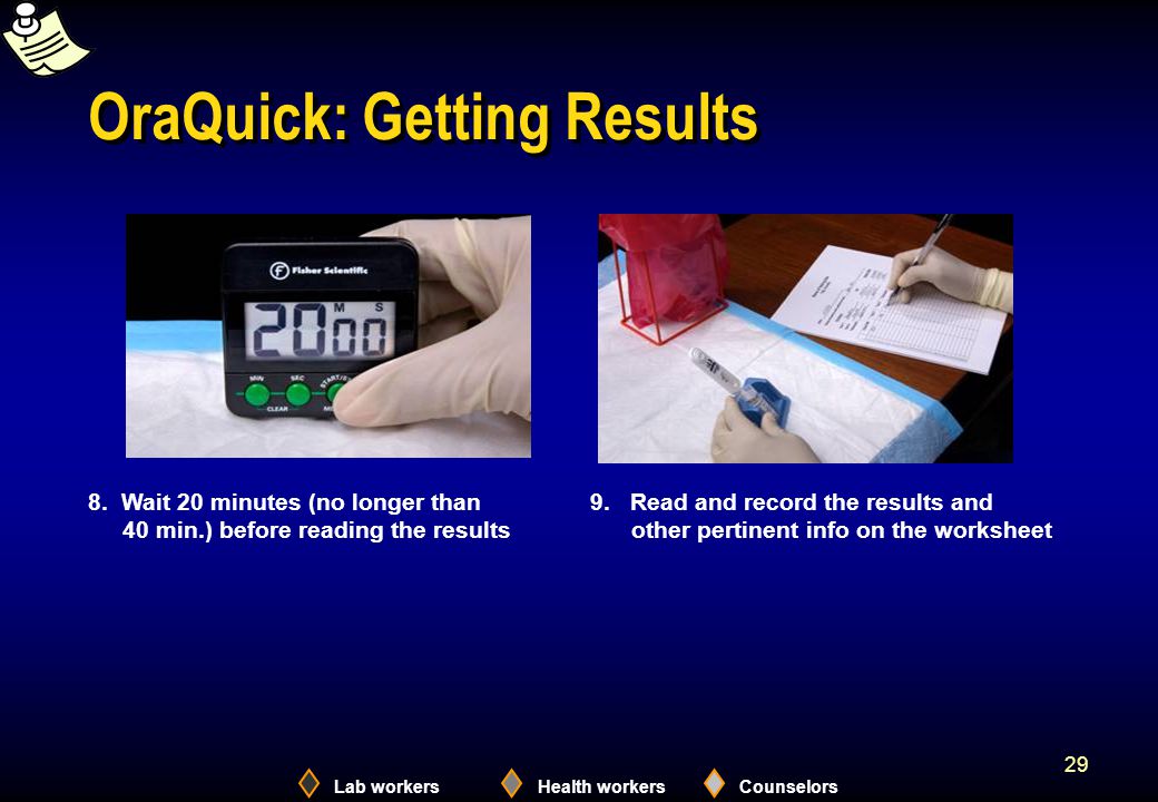Lab workersHealth workersCounselors 29 OraQuick: Getting Results 8.