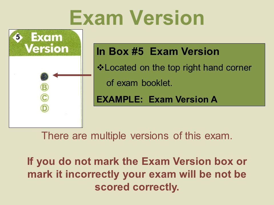 Exam Version In Box #5 Exam Version  Located on the top right hand corner of exam booklet.