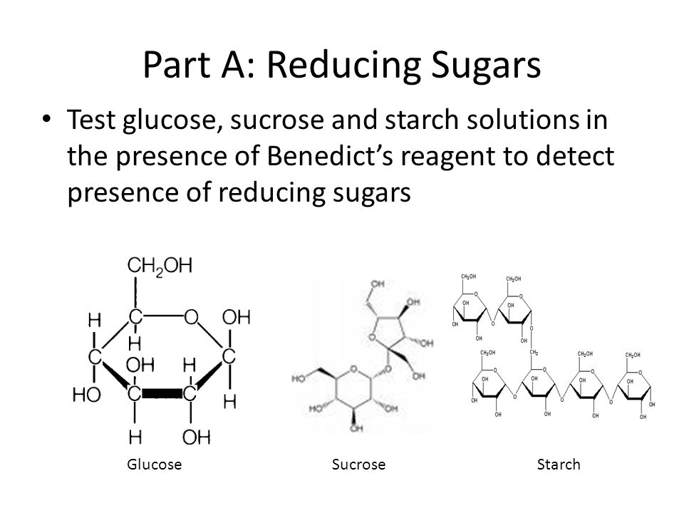Part A: Reducing Sugars Test glucose, sucrose and starch solutions in the presence of Benedict’s reagent to detect presence of reducing sugars GlucoseSucroseStarch