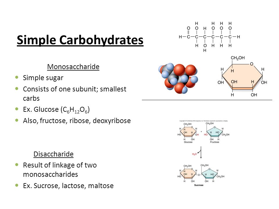 Simple Carbohydrates Monosaccharide Simple sugar Consists of one subunit; smallest carbs Ex.