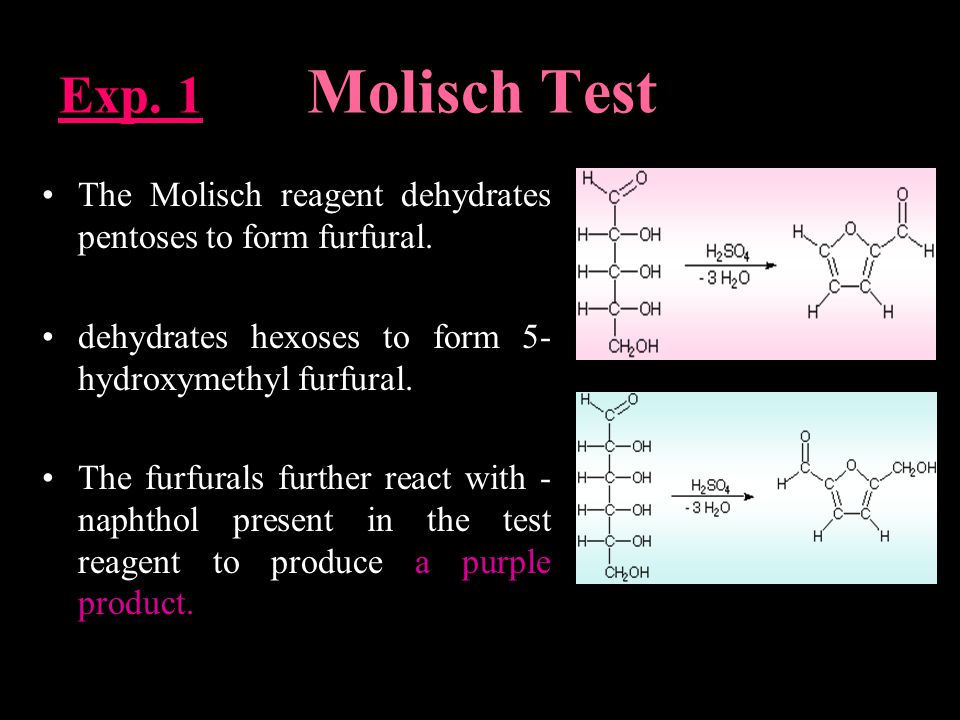 Exp. 1 Molisch Test The Molisch reagent dehydrates pentoses to form furfural.