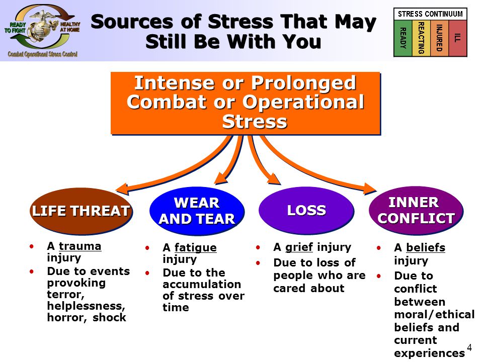 4 Sources of Stress That May Still Be With You A beliefs injury Due to conflict between moral/ethical beliefs and current experiences A fatigue injury Due to the accumulation of stress over time A grief injury Due to loss of people who are cared about WEAR AND TEAR WEAR LOSSLOSS LIFE THREAT Intense or Prolonged Combat or Operational Stress Intense or Prolonged Combat or Operational Stress INNERCONFLICTINNERCONFLICT A trauma injury Due to events provoking terror, helplessness, horror, shock