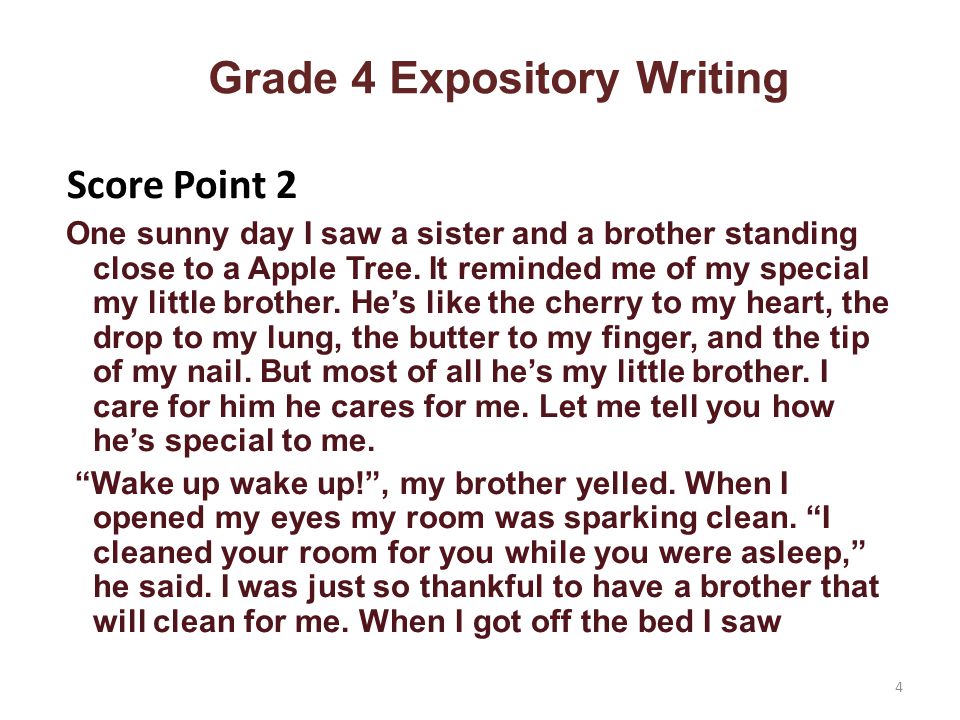 Grade 4 Expository Writing Score Point 2 One sunny day I saw a sister and a brother standing close to a Apple Tree.