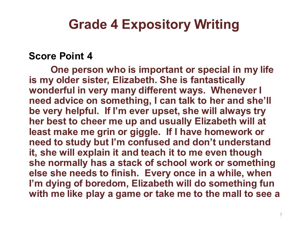 Grade 4 Expository Writing Score Point 4 One person who is important or special in my life is my older sister, Elizabeth.