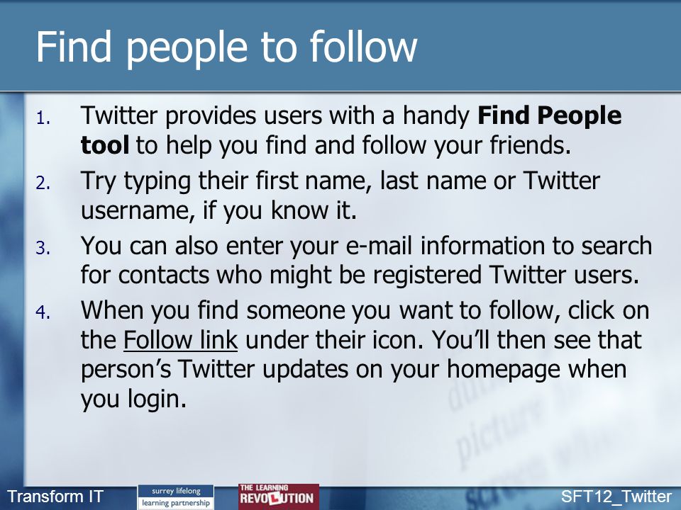 Transform IT SFT12_Twitter Find people to follow 1.