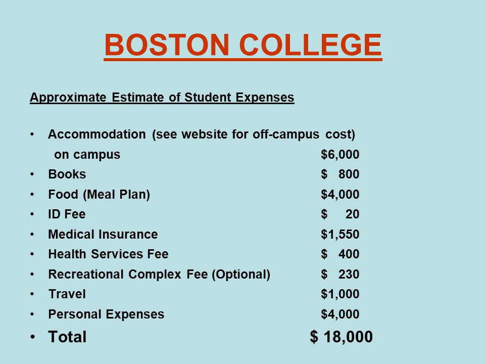 BOSTON COLLEGE Approximate Estimate of Student Expenses Accommodation (see website for off-campus cost) on campus$6,000 Books $ 800 Food (Meal Plan)$4,000 ID Fee$ 20 Medical Insurance$1,550 Health Services Fee$ 400 Recreational Complex Fee (Optional)$ 230 Travel$1,000 Personal Expenses$4,000 Total $ 18,000
