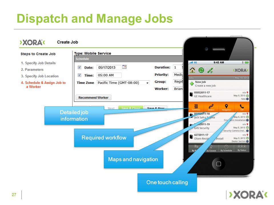 Dispatch and Manage Jobs 27 Detailed job information Required workflow Maps and navigation One touch calling