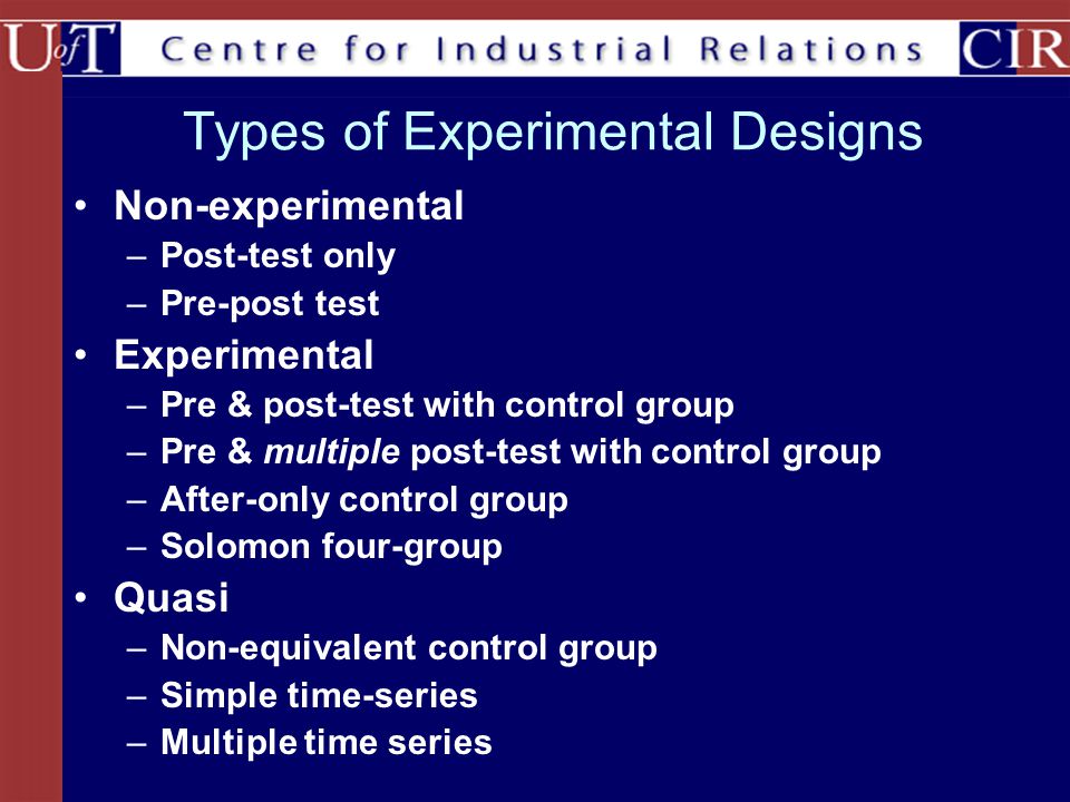 Types of Experimental Designs Non-experimental –Post-test only –Pre-post test Experimental –Pre & post-test with control group –Pre & multiple post-test with control group –After-only control group –Solomon four-group Quasi –Non-equivalent control group –Simple time-series –Multiple time series