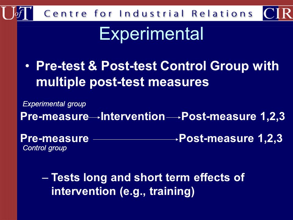 Pre-test & Post-test Control Group with multiple post-test measures Experimental InterventionPost-measure 1,2,3Pre-measure Post-measure 1,2,3Pre-measure Experimental group Control group –Tests long and short term effects of intervention (e.g., training)