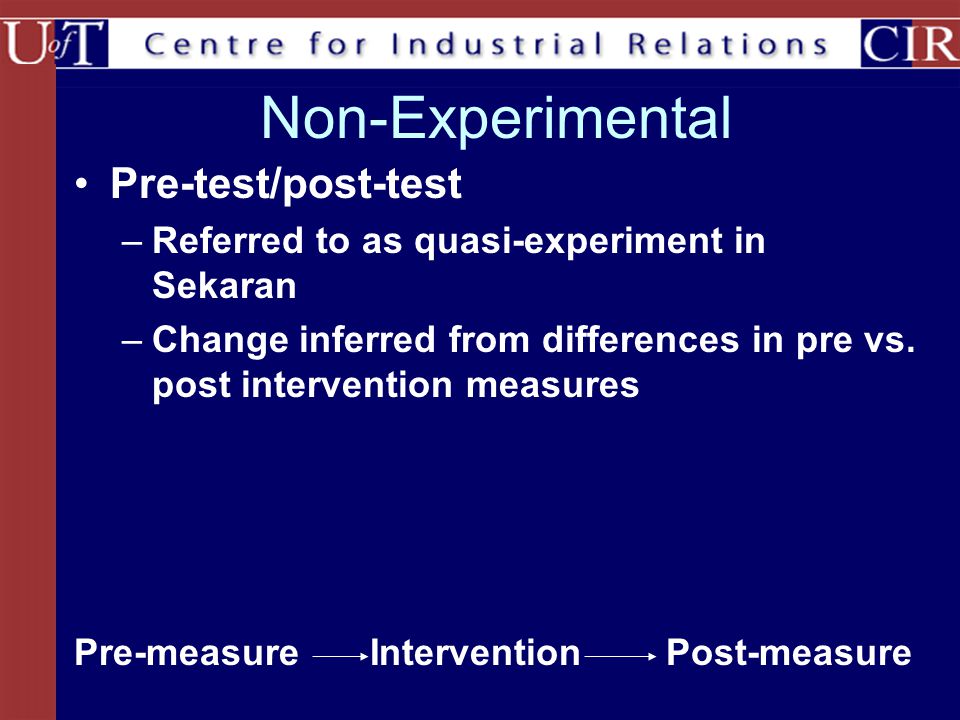 Non-Experimental Pre-test/post-test –Referred to as quasi-experiment in Sekaran –Change inferred from differences in pre vs.
