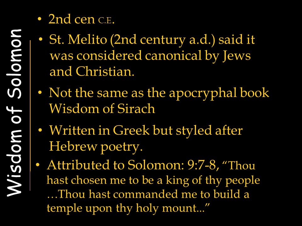 Psalms of Solomon 18 poems in the style of the biblical Psalms. Solomon is  never even mentioned in these texts. Generally classified as  Pseudepigrapha. - ppt download