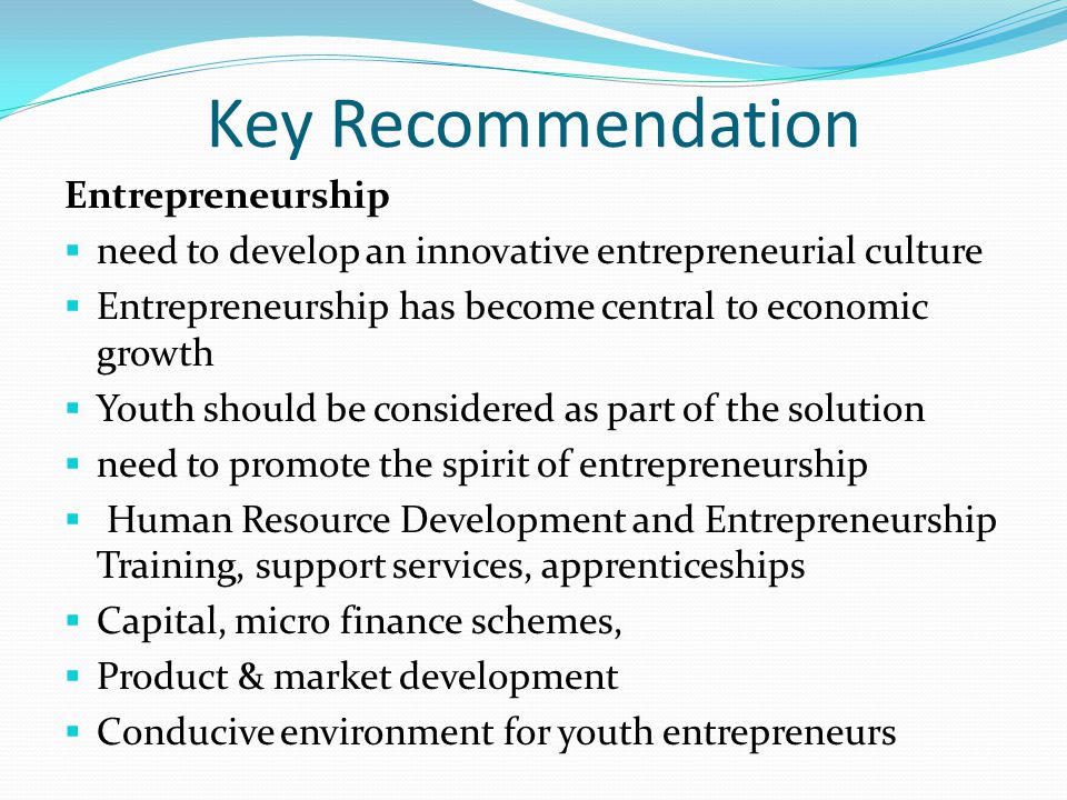 Key Recommendation Entrepreneurship  need to develop an innovative entrepreneurial culture  Entrepreneurship has become central to economic growth  Youth should be considered as part of the solution  need to promote the spirit of entrepreneurship  Human Resource Development and Entrepreneurship Training, support services, apprenticeships  Capital, micro finance schemes,  Product & market development  Conducive environment for youth entrepreneurs