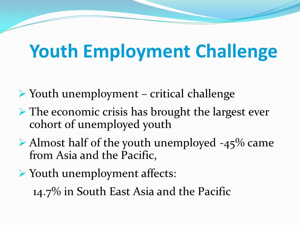Youth Employment Challenge  Youth unemployment – critical challenge  The economic crisis has brought the largest ever cohort of unemployed youth  Almost half of the youth unemployed -45% came from Asia and the Pacific,  Youth unemployment affects: 14.7% in South East Asia and the Pacific