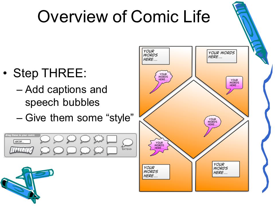 Overview of Comic Life Step THREE: –Add captions and speech bubbles –Give them some style