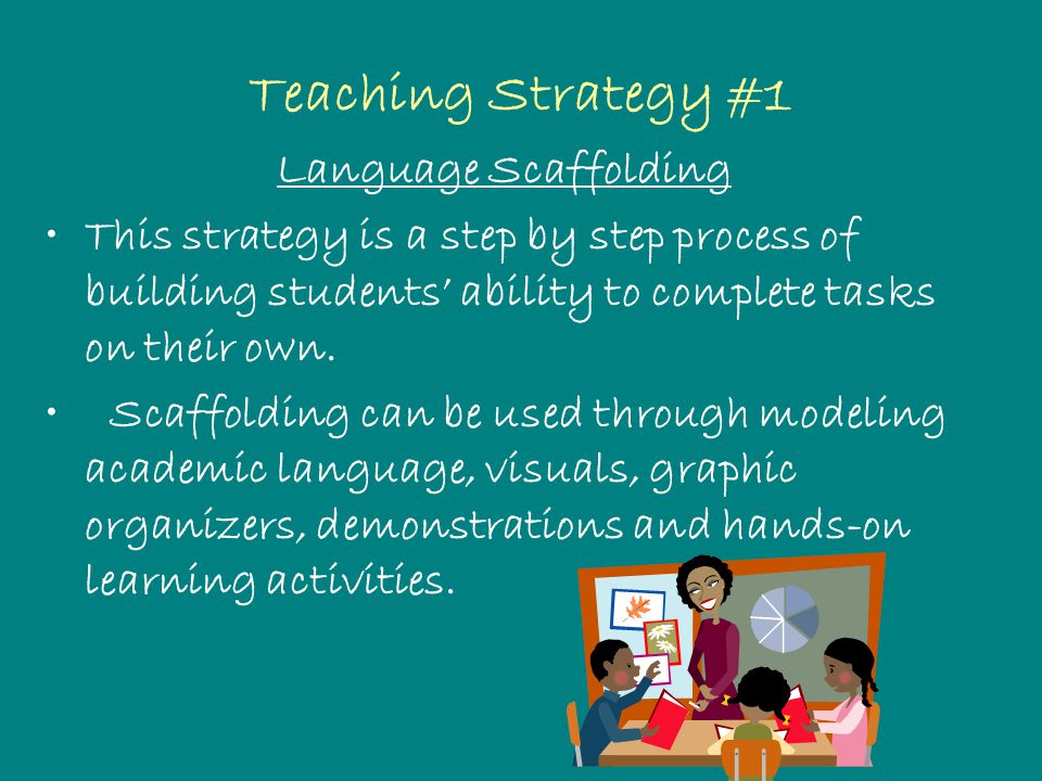 Teaching Strategy #1 Language Scaffolding This strategy is a step by step process of building students’ ability to complete tasks on their own.