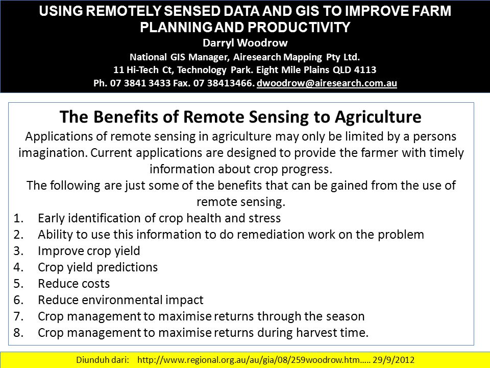 USING REMOTELY SENSED DATA AND GIS TO IMPROVE FARM PLANNING AND PRODUCTIVITY Darryl Woodrow National GIS Manager, Airesearch Mapping Pty Ltd.