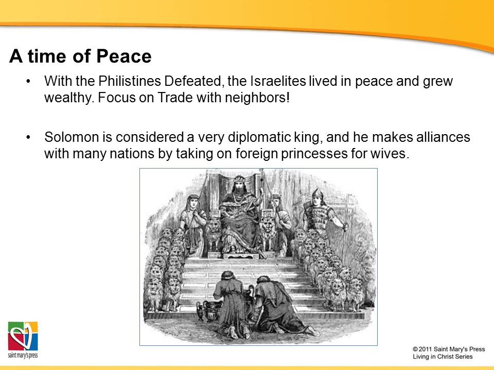 A time of Peace With the Philistines Defeated, the Israelites lived in peace and grew wealthy.