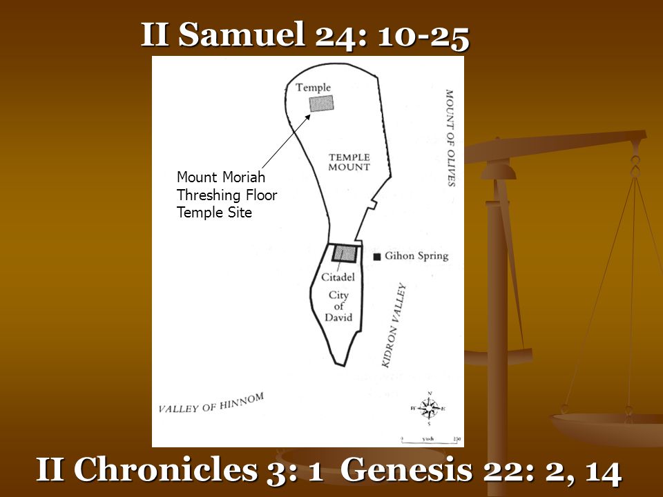 II Chronicles 3: 1 Genesis 22: 2, 14 Mount Moriah Threshing Floor Temple Site II Samuel 24: 10-25