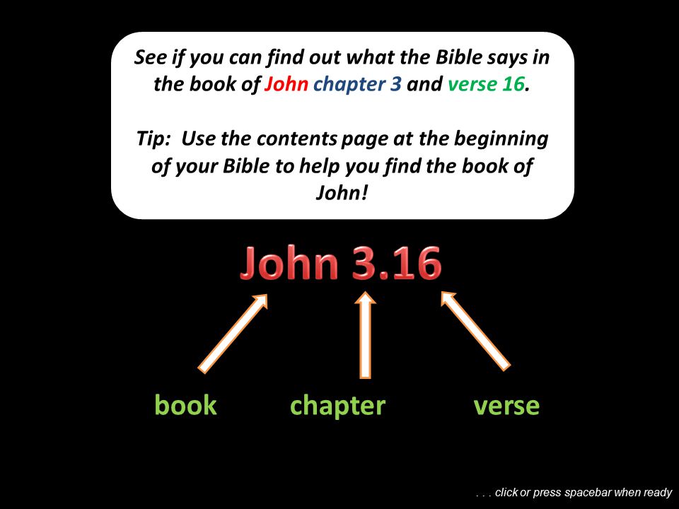 bookchapter verse See if you can find out what the Bible says in the book of John chapter 3 and verse 16.