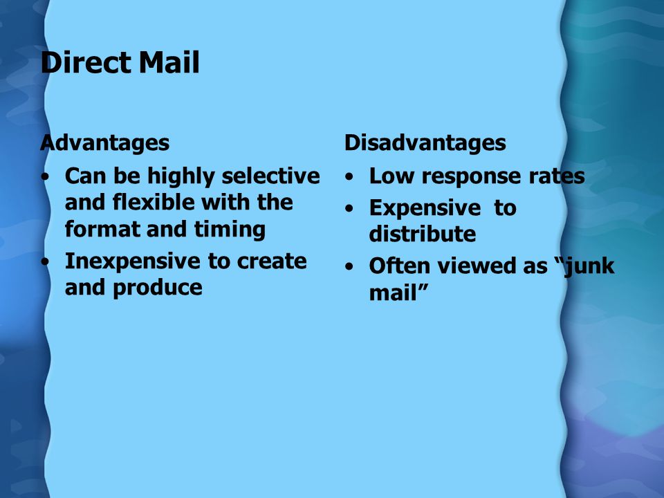 Direct Mail Advantages Can be highly selective and flexible with the format and timing Inexpensive to create and produce Disadvantages Low response rates Expensive to distribute Often viewed as junk mail