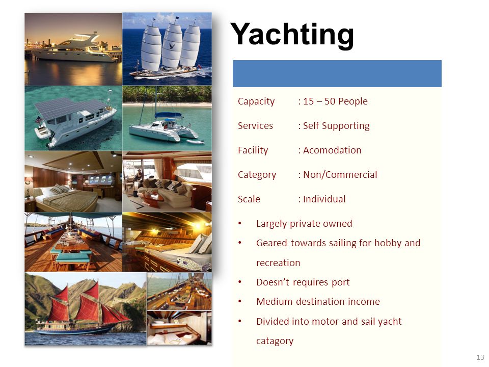 Capacity: 15 – 50 People Services: Self Supporting Facility: Acomodation Category: Non/Commercial Scale: Individual Largely private owned Geared towards sailing for hobby and recreation Doesn’t requires port Medium destination income Divided into motor and sail yacht catagory Yachting 13