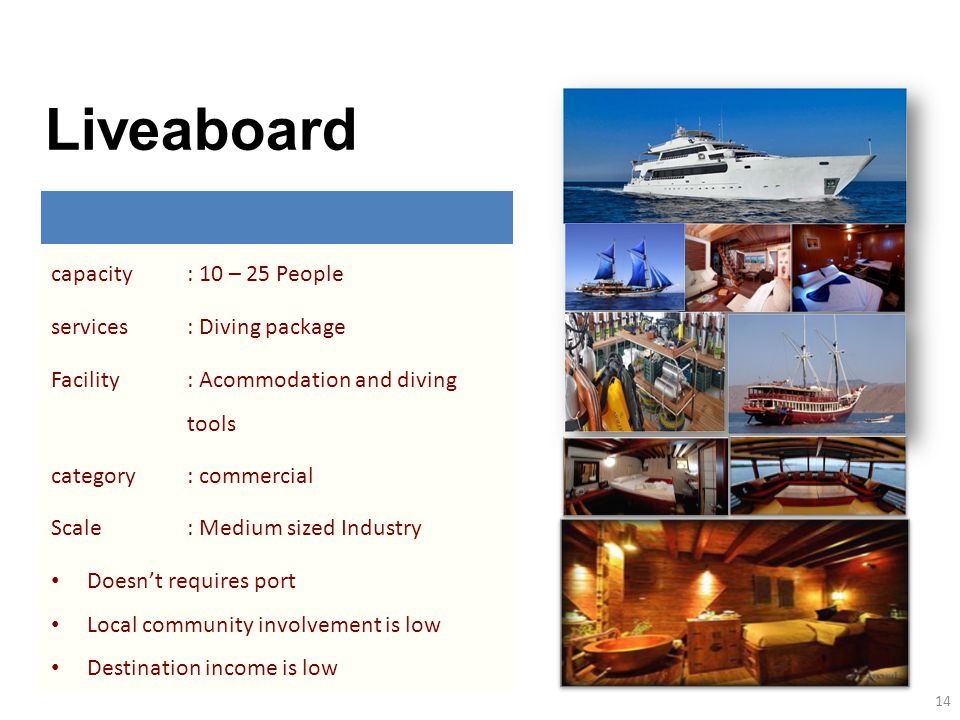 capacity: 10 – 25 People services: Diving package Facility : Acommodation and diving tools category: commercial Scale: Medium sized Industry Doesn’t requires port Local community involvement is low Destination income is low Liveaboard 14