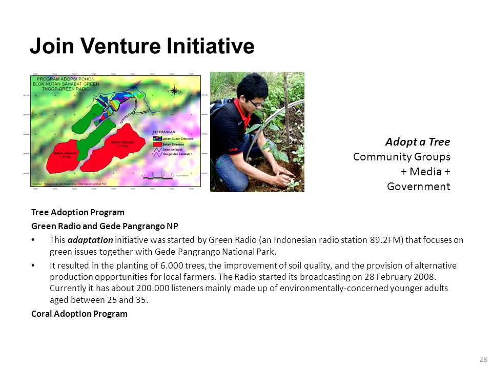 Join Venture Initiative Tree Adoption Program Green Radio and Gede Pangrango NP This adaptation initiative was started by Green Radio (an Indonesian radio station 89.2FM) that focuses on green issues together with Gede Pangrango National Park.