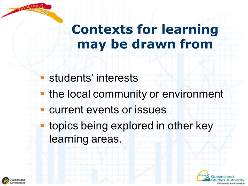 Contexts for learning may be drawn from  students’ interests  the local community or environment  current events or issues  topics being explored in other key learning areas.