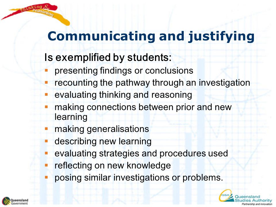Communicating and justifying Is exemplified by students:  presenting findings or conclusions  recounting the pathway through an investigation  evaluating thinking and reasoning  making connections between prior and new learning  making generalisations  describing new learning  evaluating strategies and procedures used  reflecting on new knowledge  posing similar investigations or problems.
