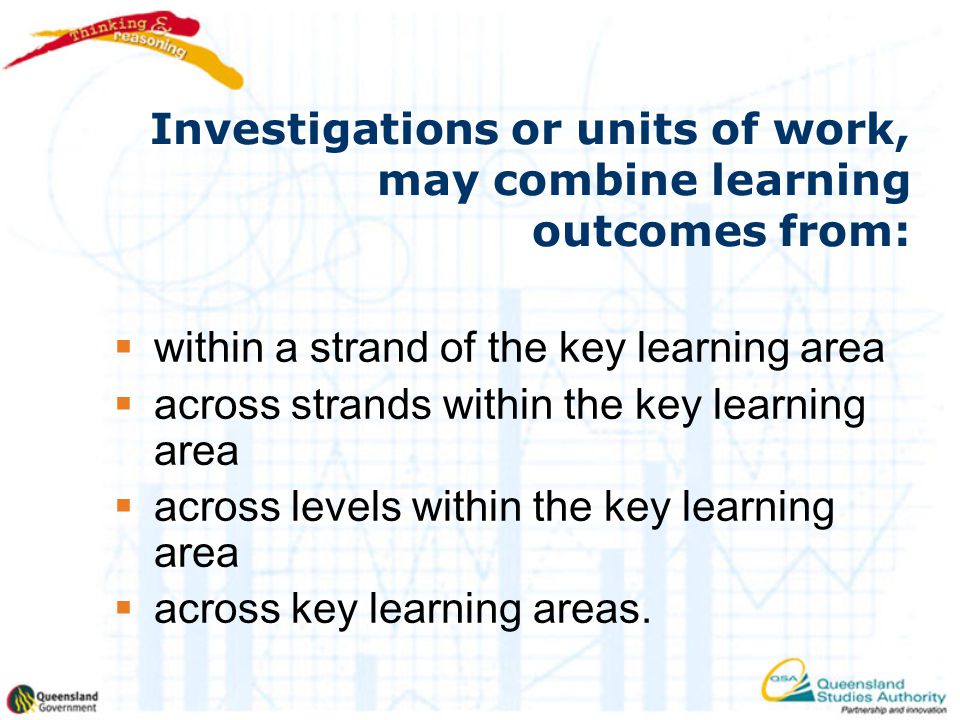 Investigations or units of work, may combine learning outcomes from:  within a strand of the key learning area  across strands within the key learning area  across levels within the key learning area  across key learning areas.
