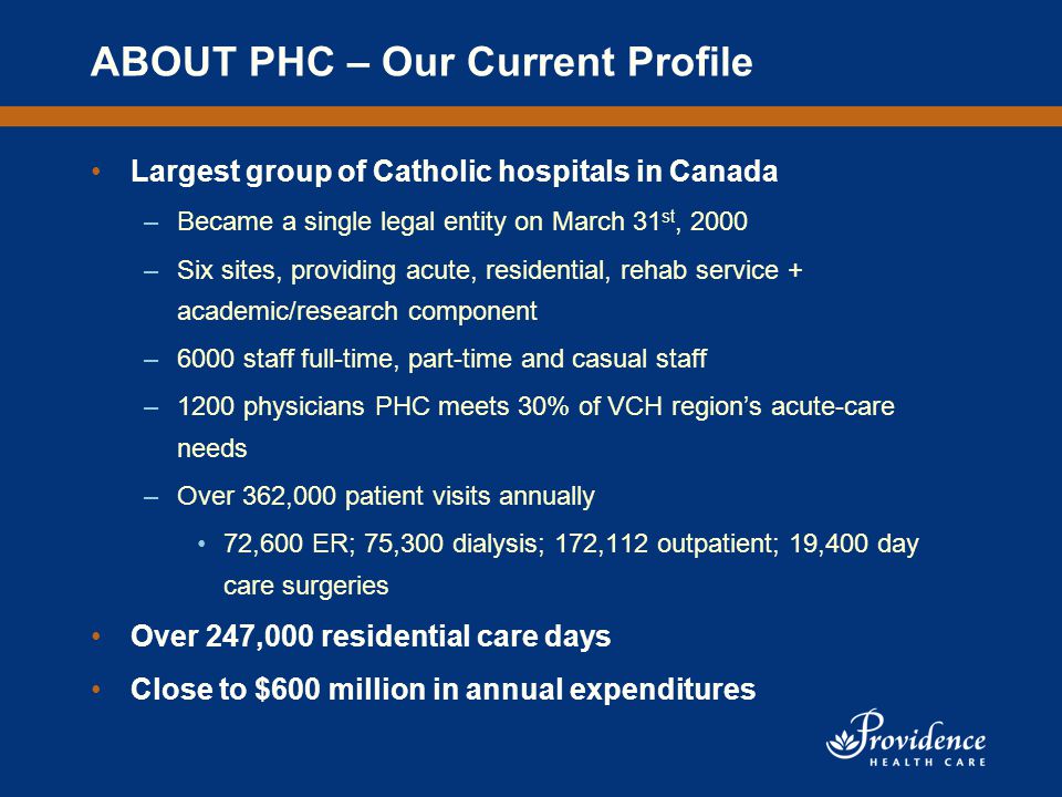 ABOUT PHC – Our Current Profile Largest group of Catholic hospitals in Canada –Became a single legal entity on March 31 st, 2000 –Six sites, providing acute, residential, rehab service + academic/research component –6000 staff full-time, part-time and casual staff –1200 physicians PHC meets 30% of VCH region’s acute-care needs –Over 362,000 patient visits annually 72,600 ER; 75,300 dialysis; 172,112 outpatient; 19,400 day care surgeries Over 247,000 residential care days Close to $600 million in annual expenditures