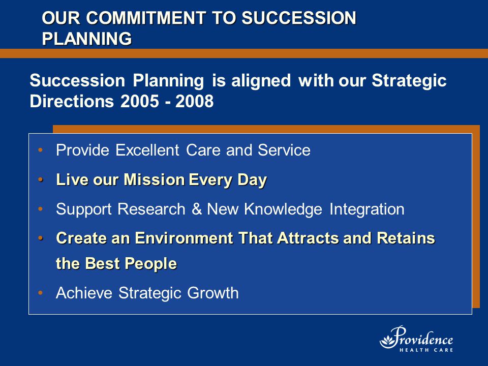 OUR COMMITMENT TO SUCCESSION PLANNING Provide Excellent Care and Service Live our Mission Every DayLive our Mission Every Day Support Research & New Knowledge Integration Create an Environment That Attracts and Retains the Best PeopleCreate an Environment That Attracts and Retains the Best People Achieve Strategic Growth Succession Planning is aligned with our Strategic Directions