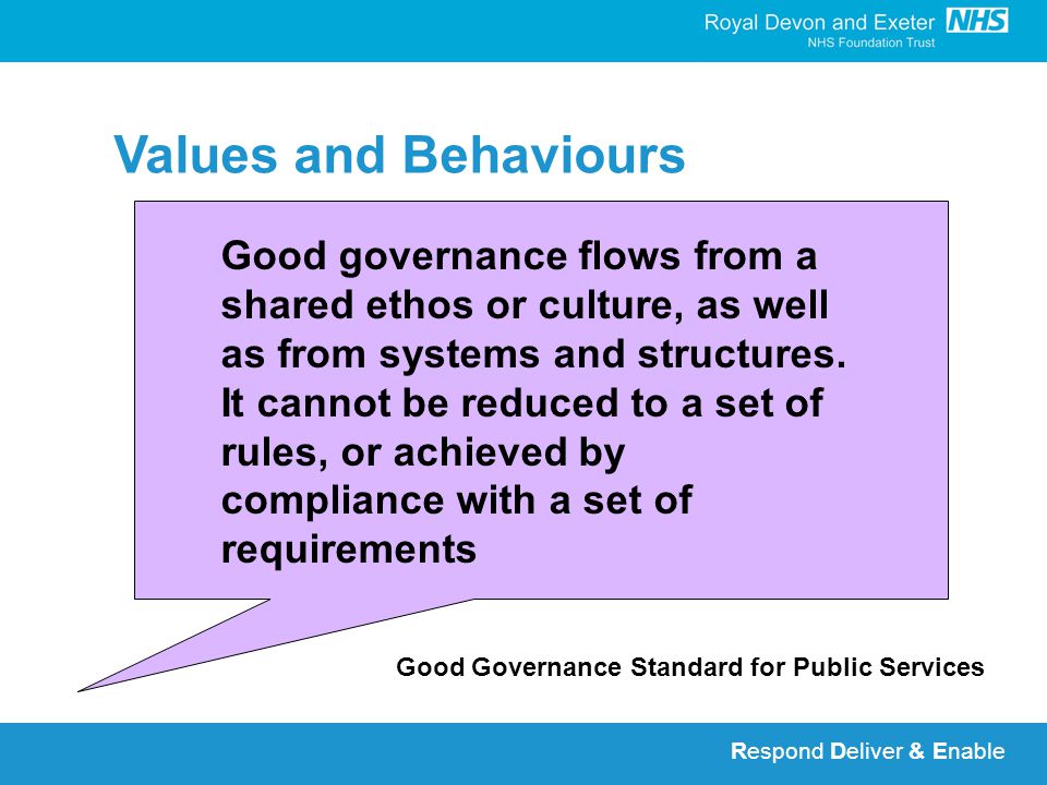 Respond Deliver & Enable Values and Behaviours Good Governance Standard for Public Services Good governance flows from a shared ethos or culture, as well as from systems and structures.