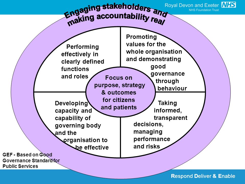 Respond Deliver & Enable Performing effectively in clearly defined functions and roles Promoting values for the whole organisation and demonstrating good governance through behaviour Taking informed, transparent decisions, managing performance and risks Developing capacity and capability of governing body and the organisation to be effective GEF - Based on Good Governance Standard for Public Services Focus on purpose, strategy & outcomes for citizens and patients