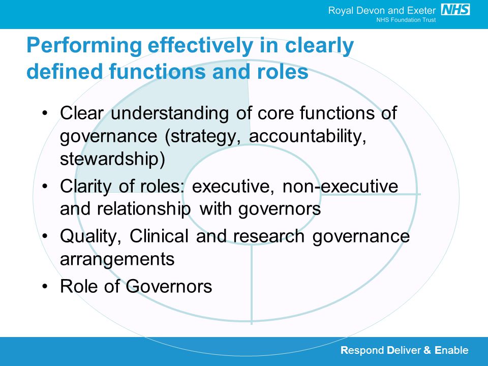 Respond Deliver & Enable Performing effectively in clearly defined functions and roles Clear understanding of core functions of governance (strategy, accountability, stewardship) Clarity of roles: executive, non-executive and relationship with governors Quality, Clinical and research governance arrangements Role of Governors