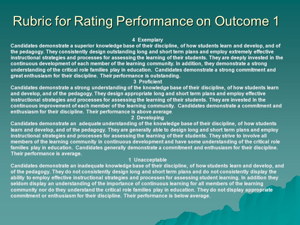 Rubric for Rating Performance on Outcome 1 4 Exemplary Candidates demonstrate a superior knowledge base of their discipline, of how students learn and develop, and of the pedagogy.