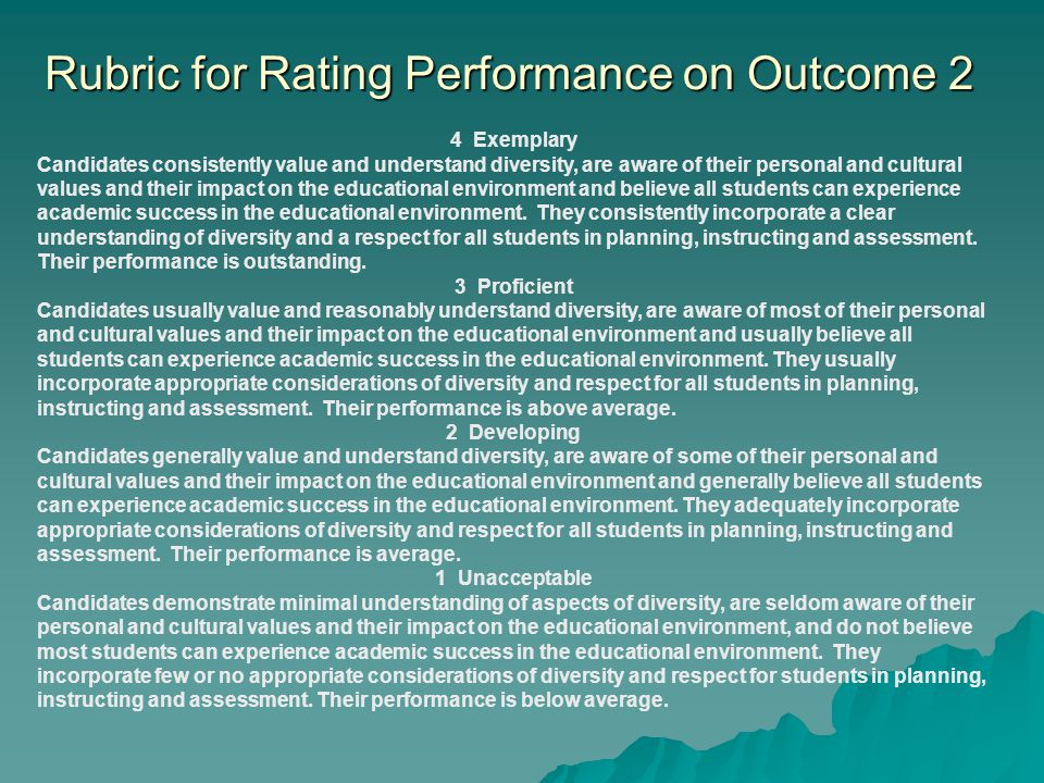 Rubric for Rating Performance on Outcome 2 4 Exemplary Candidates consistently value and understand diversity, are aware of their personal and cultural values and their impact on the educational environment and believe all students can experience academic success in the educational environment.