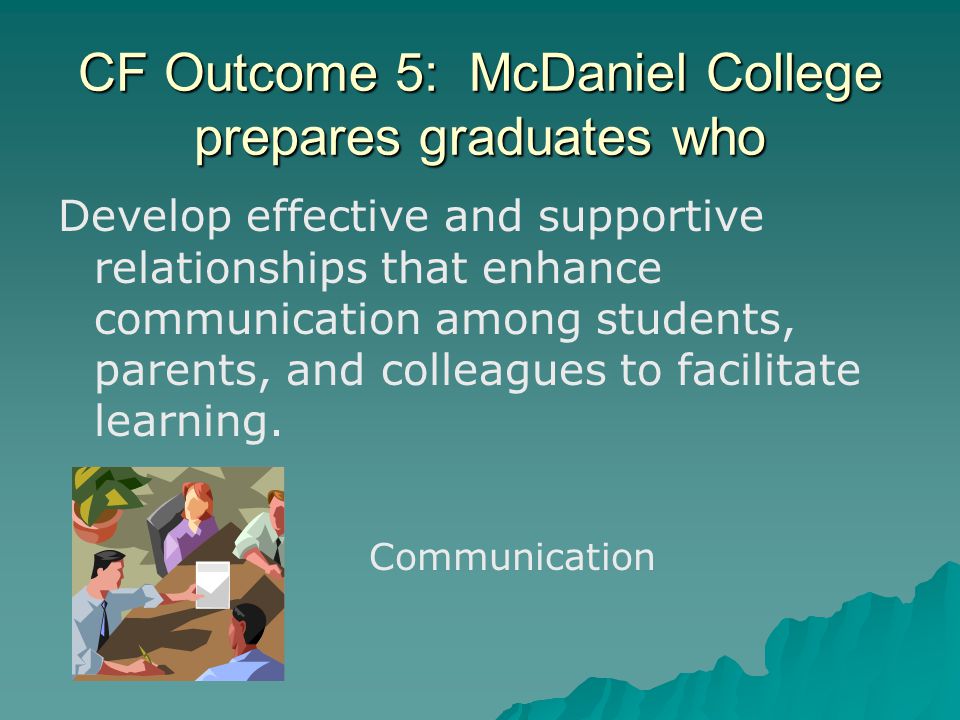 CF Outcome 5: McDaniel College prepares graduates who Develop effective and supportive relationships that enhance communication among students, parents, and colleagues to facilitate learning.