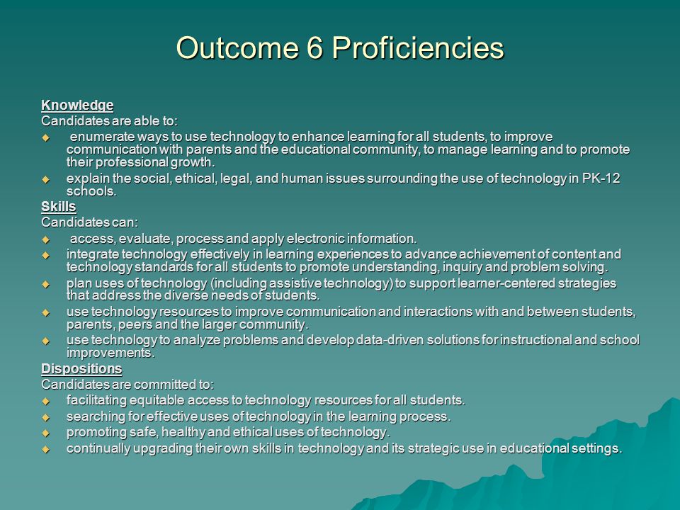 Outcome 6 Proficiencies Knowledge Candidates are able to:  enumerate ways to use technology to enhance learning for all students, to improve communication with parents and the educational community, to manage learning and to promote their professional growth.