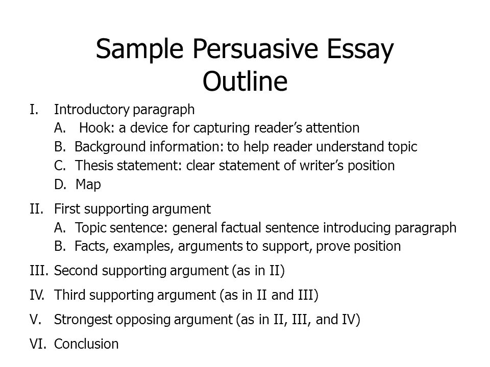 Sample Persuasive Essay Outline I.Introductory paragraph A.