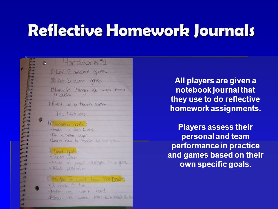 Reflective Homework Journals All players are given a notebook journal that they use to do reflective homework assignments.