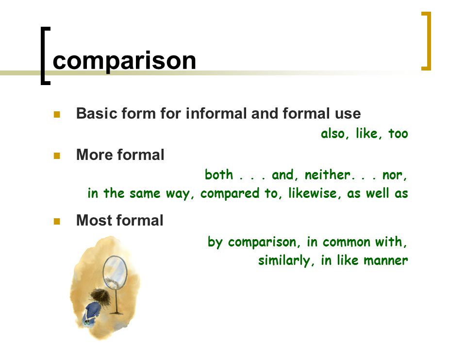 example Basic form for informal and formal use for example More formal for instance, in other words Most formal as an example, as an illustration, to exemplify
