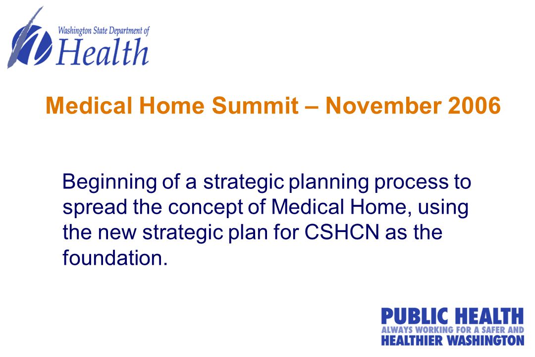 Medical Home Summit – November 2006 Beginning of a strategic planning process to spread the concept of Medical Home, using the new strategic plan for CSHCN as the foundation.